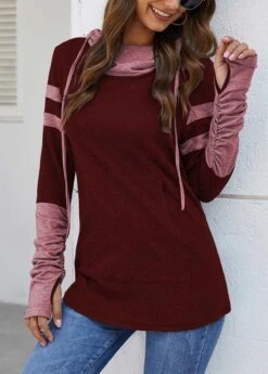 Kangaroo Pocket Hooded Collar Wine Red T Shirt -Modlily Shop 295871 P 1643358115547