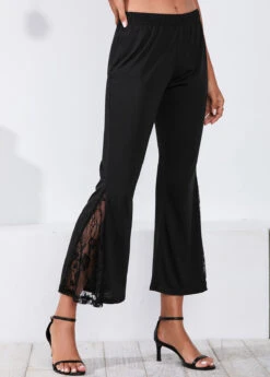 Lace Stitching Mid Waist Black Flare Pants -Modlily Shop 299653 P 16519179255652