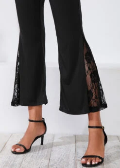Lace Stitching Mid Waist Black Flare Pants -Modlily Shop 299653 P 16519179257453
