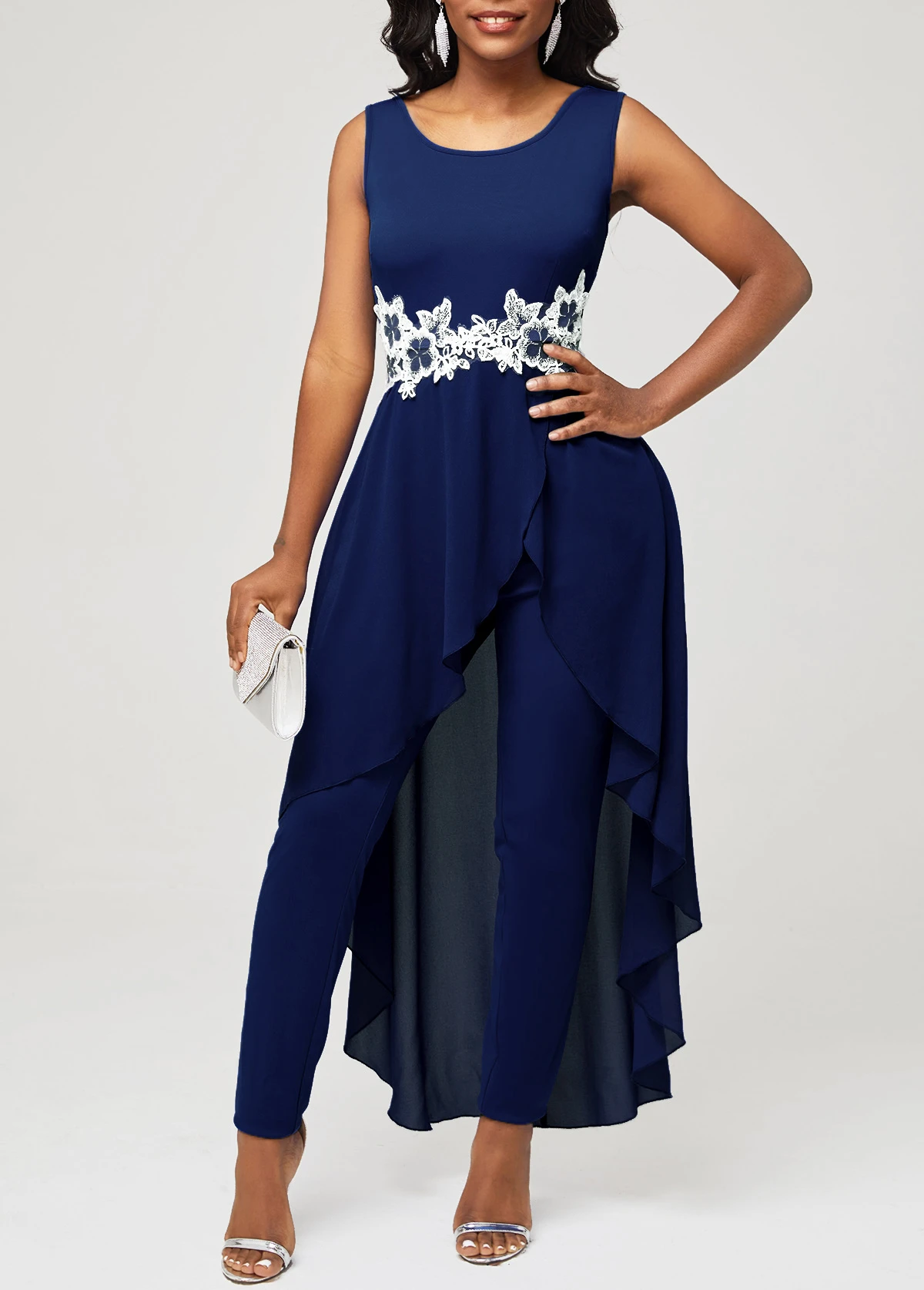 Navy Blue Lace Stitching Faux Two Piece Jumpsuit 5 Navy Blue Lace Stitching Faux Two Piece Jumpsuit - Image 3