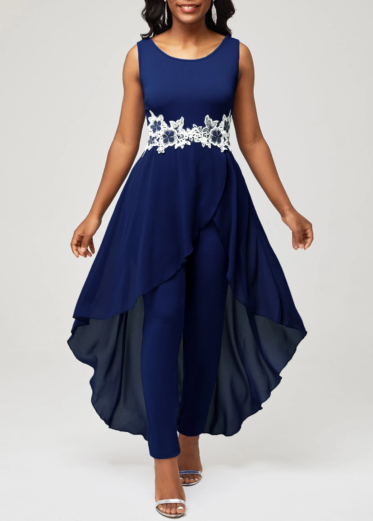 Navy Blue Lace Stitching Faux Two Piece Jumpsuit 6 Navy Blue Lace Stitching Faux Two Piece Jumpsuit - Image 4