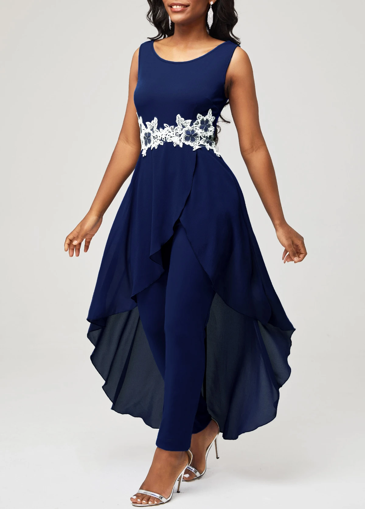 Navy Blue Lace Stitching Faux Two Piece Jumpsuit 3 Navy Blue Lace Stitching Faux Two Piece Jumpsuit