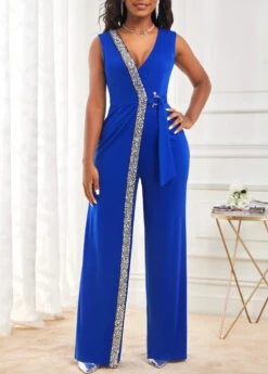 Sapphire Blue Sequin Sleeveless V Neck Jumpsuit