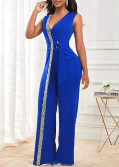 Sapphire Blue Sequin Sleeveless V Neck Jumpsuit -Modlily Shop 299852 P 16613366241832