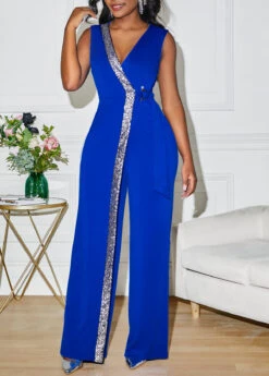 Sapphire Blue Sequin Sleeveless V Neck Jumpsuit -Modlily Shop 299852 P 16613366241884