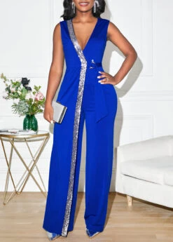 Sapphire Blue Sequin Sleeveless V Neck Jumpsuit -Modlily Shop 299852 P 16613366243247