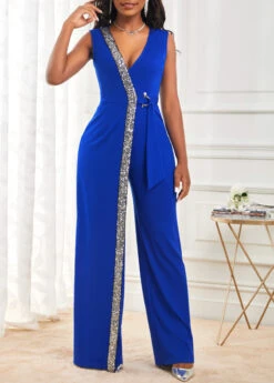 Sapphire Blue Sequin Sleeveless V Neck Jumpsuit -Modlily Shop 299852 P 16613366249923