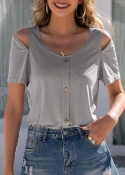 Cold Shoulder Decorative Button Light Grey T Shirt -Modlily Shop 300244 P 1647066144326