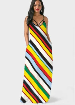 Rainbow Stripe Spaghetti Strap Double Side Pocket Dress -Modlily Shop 300316 P 1654478176330