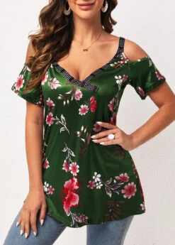 Strappy Cold Shoulder Floral Print Army Green T Shirt -Modlily Shop 300709 P 16475100944343
