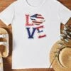 American Flag Print Round Neck White T Shirt