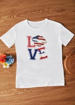 American Flag Print Round Neck White T Shirt -Modlily Shop 301324 P 16488761819852