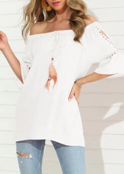 Hollow Out White Feather Detail T Shirt -Modlily Shop 302696 P 1649753115804