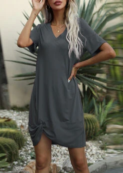 Brown V Neck Twist Front Dress