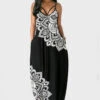Black Double Side Pockets Tribal Print Spaghetti Strap Dress