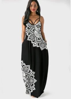Black Double Side Pockets Tribal Print Spaghetti Strap Dress