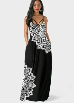 Black Double Side Pockets Tribal Print Spaghetti Strap Dress -Modlily Shop 302918 P 1650011603836
