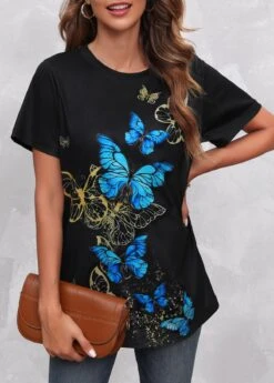 Round Neck Butterfly Print Black T Shirt 11 Round Neck Butterfly Print Black T Shirt -Modlily Shop 303384 P 16527865003334