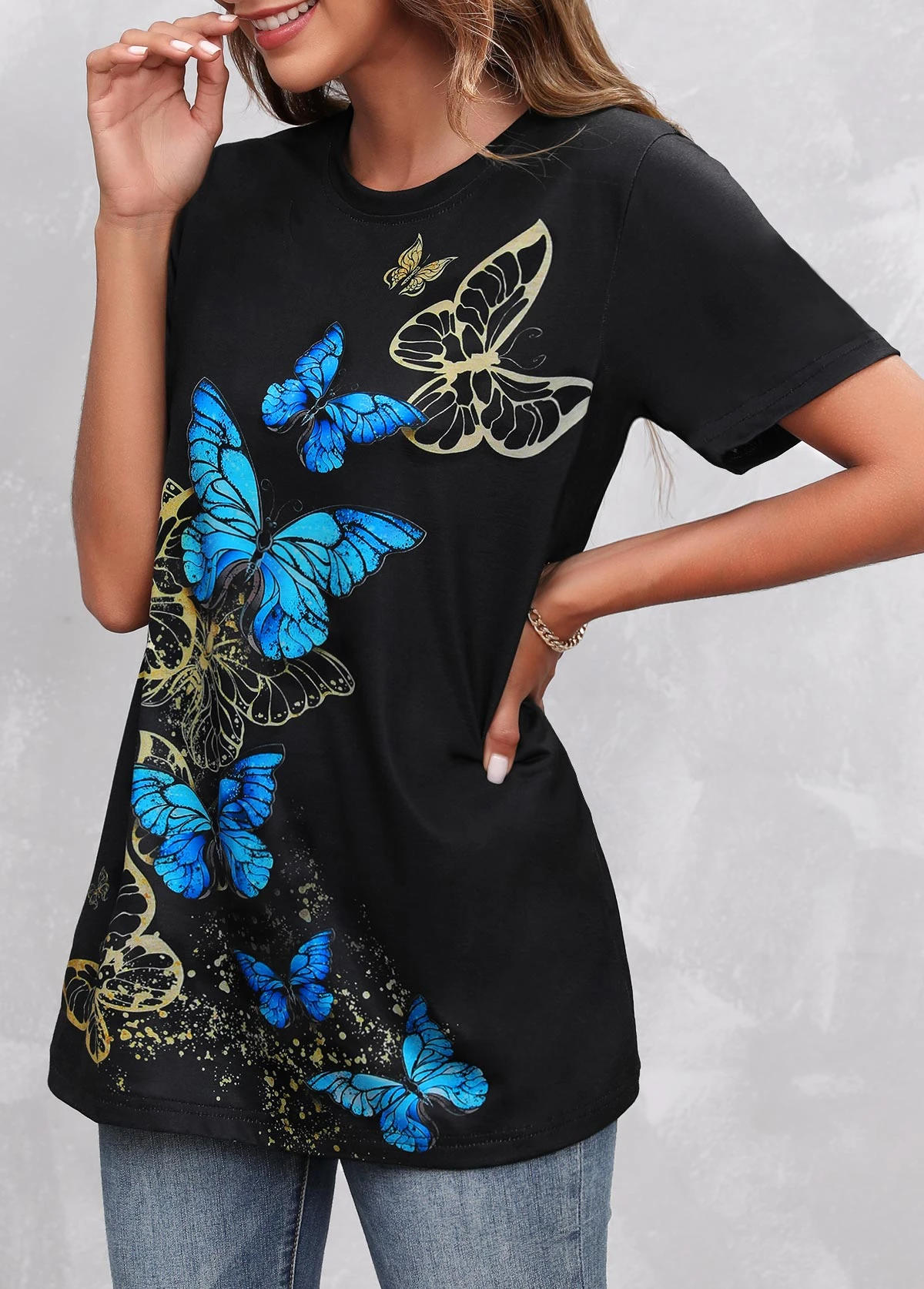 Round Neck Butterfly Print Black T Shirt 6 Round Neck Butterfly Print Black T Shirt - Image 4