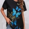 Round Neck Butterfly Print Black T Shirt -Modlily Shop 303384 P 16527865003510