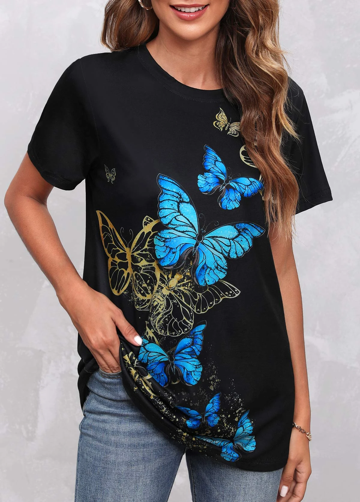 Round Neck Butterfly Print Black T Shirt 3 Round Neck Butterfly Print Black T Shirt