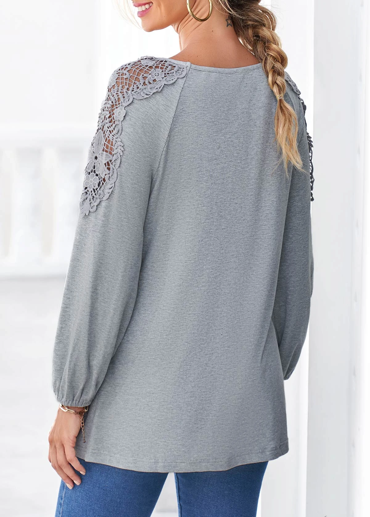 Grey Marl Long Sleeve Lace Panel T Shirt 4 Grey Marl Long Sleeve Lace Panel T Shirt - Image 2