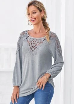 Grey Marl Long Sleeve Lace Panel T Shirt 12 Grey Marl Long Sleeve Lace Panel T Shirt -Modlily Shop 304740 P 16571912685014