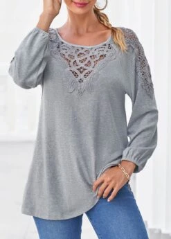 Grey Marl Long Sleeve Lace Panel T Shirt 11 Grey Marl Long Sleeve Lace Panel T Shirt -Modlily Shop 304740 P 16571912687253