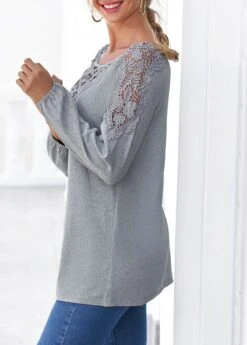 Grey Marl Long Sleeve Lace Panel T Shirt 10 Grey Marl Long Sleeve Lace Panel T Shirt -Modlily Shop 304740 P 16571912688122