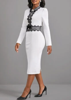White Lace Patchwork Long Sleeve Dress -Modlily Shop 305118 P 16595237043102