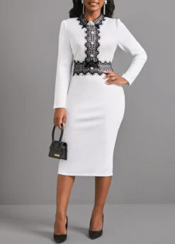 White Lace Patchwork Long Sleeve Dress -Modlily Shop 305118 P 16595237045964