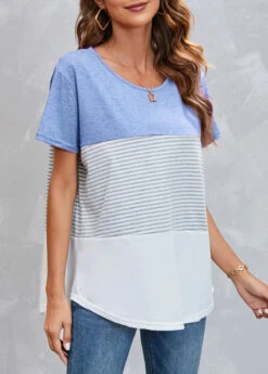 Round Neck Striped Light Blue T Shirt -Modlily Shop 305182 P 16533882840415
