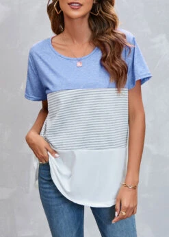 Round Neck Striped Light Blue T Shirt -Modlily Shop 305182 P 16533882840604