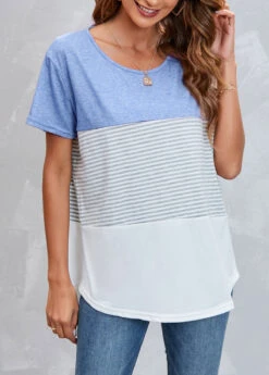 Round Neck Striped Light Blue T Shirt -Modlily Shop 305182 P 16533882842292
