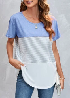 Round Neck Striped Light Blue T Shirt