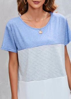 Round Neck Striped Light Blue T Shirt -Modlily Shop 305182 P 16533882845113
