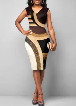 Brown Printed Sleeveless V Neck Dress 10 Brown Printed Sleeveless V Neck Dress -Modlily Shop 305433 P 1661837634976