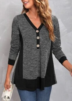 Dark Grey Marl Decorative Button V Neck T Shirt -Modlily Shop 305976 P 16575343033500