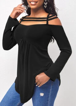 Black Asymmetric Hem Cold Shoulder T Shirt -Modlily Shop 306003 P 16609085506242