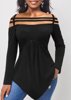 Black Asymmetric Hem Cold Shoulder T Shirt -Modlily Shop 306003 P 16609085507273