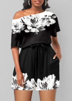 Floral Print Black Double Side Pockets Romper