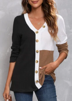 Black Decorative Button Long Sleeve T Shirt