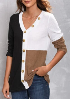 Black Decorative Button Long Sleeve T Shirt -Modlily Shop 306219 P 16577934561662