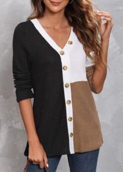 Black Decorative Button Long Sleeve T Shirt -Modlily Shop 306219 P 16577934563433