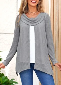 Cowl Neck Contrast Faux Two Piece Grey Sweatshirt 9 Cowl Neck Contrast Faux Two Piece Grey Sweatshirt -Modlily Shop 306940 P 16617604076732