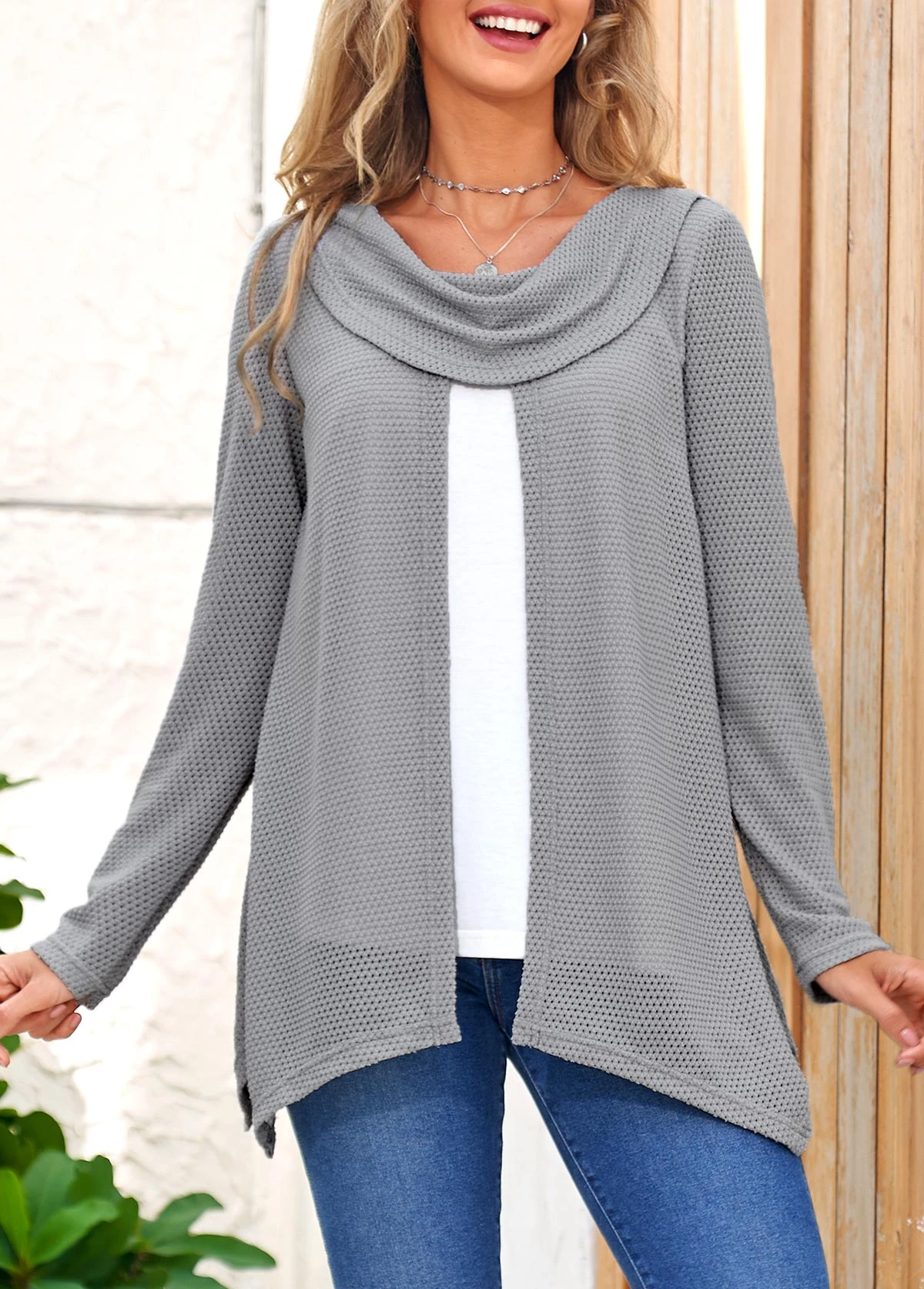 Cowl Neck Contrast Faux Two Piece Grey Sweatshirt 5 Cowl Neck Contrast Faux Two Piece Grey Sweatshirt - Image 3