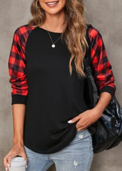 Black Tartan Print Long Sleeve T Shirt -Modlily Shop 307712 P 16608905283652