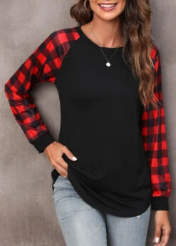 Black Tartan Print Long Sleeve T Shirt -Modlily Shop 307712 P 16608905285143