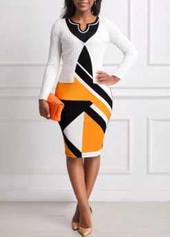 Black Split Neck Geometric Print Dress -Modlily Shop 307977 P 16606464991033