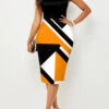 Black Split Neck Geometric Print Dress